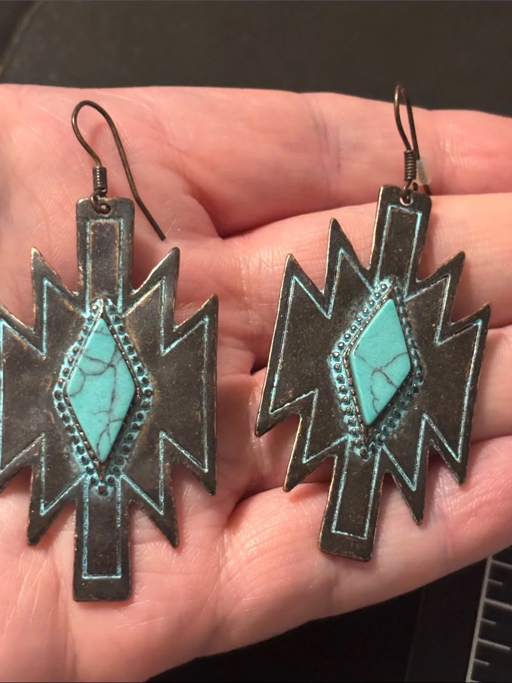 Southwestern Blue Turquoise  Color Accented Silver Hoop & Dangle Earring